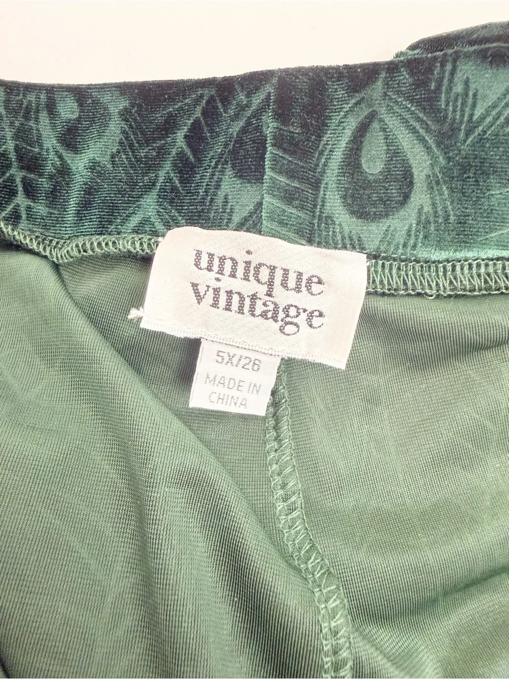 Unique Vintage Green Velvet Two (2) Piece Set Peacock Print Tunic Flare Suit